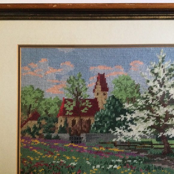 Beautiful embroidery needlework yarn art picture house tree blossom wood framed - Picture 2 of 7